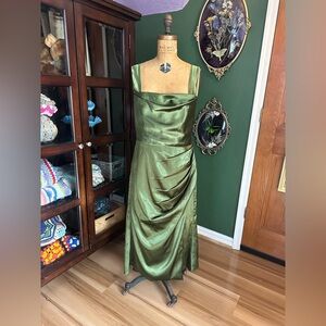 Azazie Olive Metallic Satin Maxi/Midi  Dress